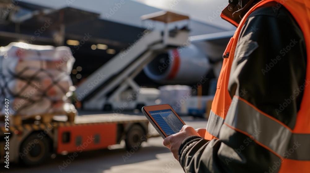 Close-up of a cargo airport worker using a handheld tablet to track the movement of shipments as they are loaded onto a waiting cargo plane, the digital tracking system providing r